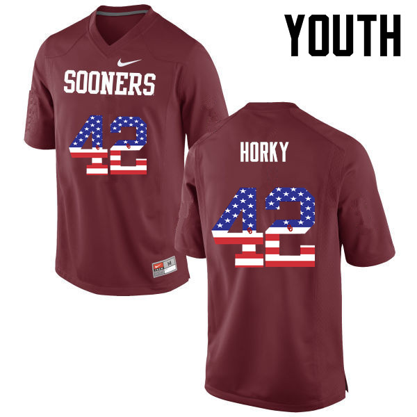 Youth Oklahoma Sooners #42 Wesley Horky College Football USA Flag Fashion Jerseys-Crimson - Click Image to Close